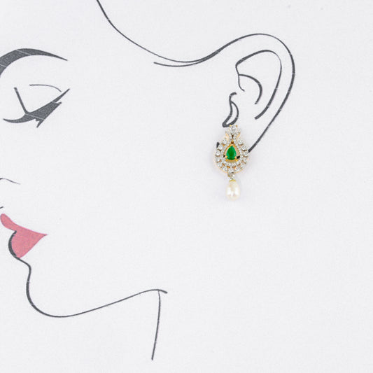 Brilliant Green Stone Freshwater Pearl Drop Hanging Studs Earrings