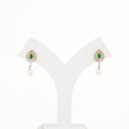 Brilliant Green Stone Freshwater Pearl Drop Hanging Studs Earrings