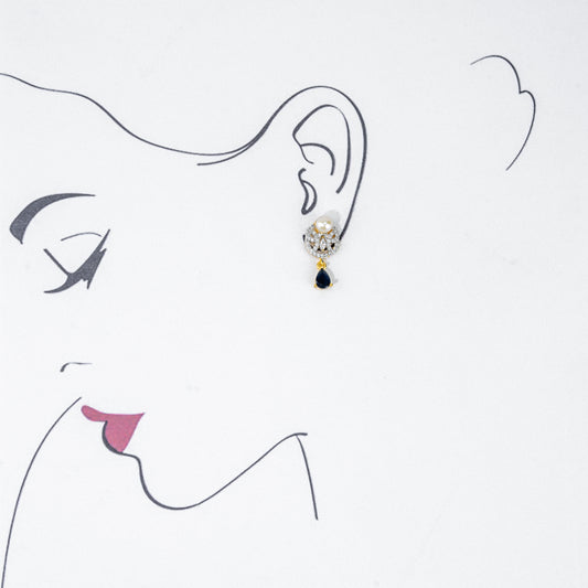 Glossy Blue Stone Button Hanging Freshwater Pearl Studs Earrings