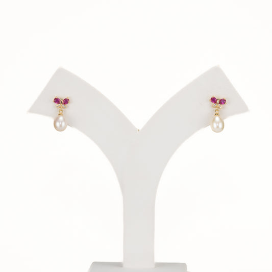 Glossy Red Stone Drop Hanging Freshwater Pearl Studs Earrings