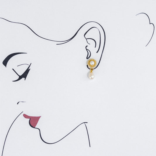 Glitzy White Stone Drop Freshwater Pearl Stud Earring