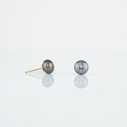 Dark Blue Button Freshwater Pearl Stud Earrings