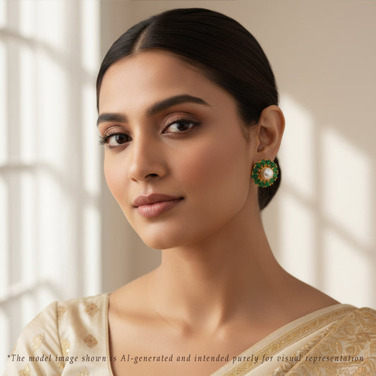 Precious Green Stone White Freshwater Pearl Stud Earrings