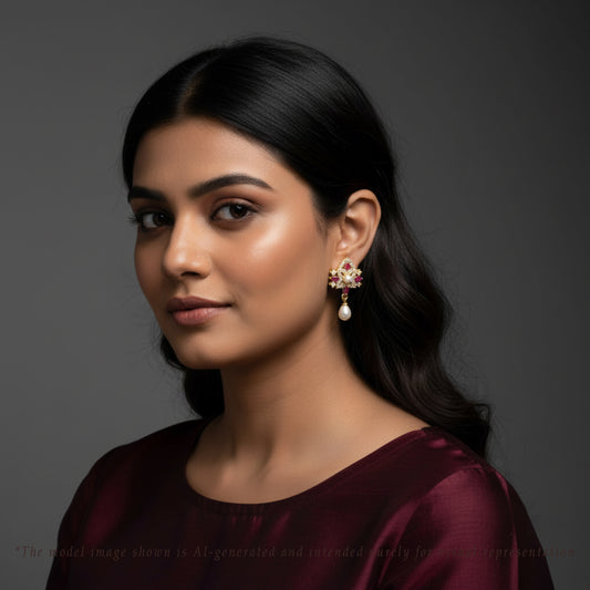 Estelle Red Stone Freshwater Pearl Stud Earrings