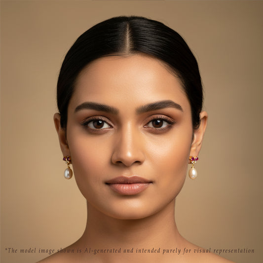 Adorn Red Stone Pink Freshwater Pearl Stud Earrings