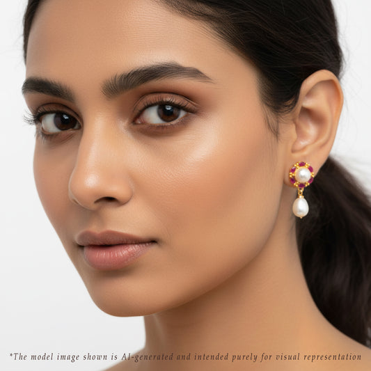 Adorable Red Stone Freshwater Pearl Stud Earrings
