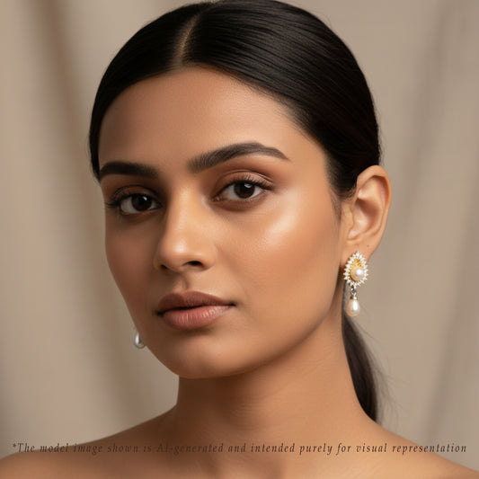 Glitzy White Stone Drop Freshwater Pearl Stud Earring