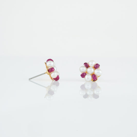 Natural Ruby Near Round White Freshwater Pearl Stud Earrings