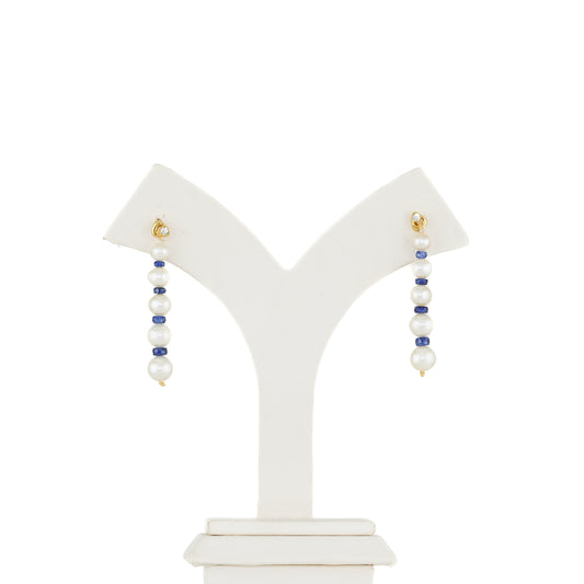 Natural Blue Sapphire Near Round White Grading Freshwater Pearl Hanging Earrings