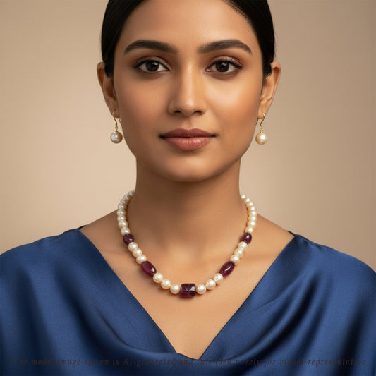 Natural Ruby Beads and 11.0-12.0mm Golden Near Round South Sea Pearl Necklace Set -A Quality