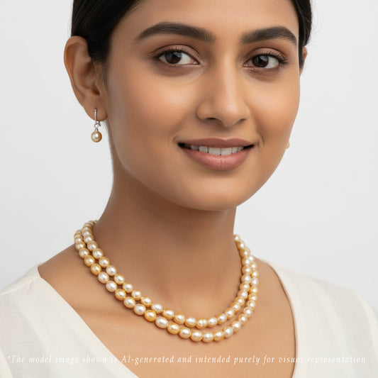 9.0-10.0mm Golden Drop Ringed South Sea Pearl Necklace Set - A Quality