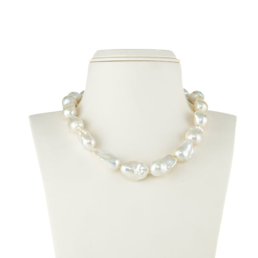 19.0-20.0mm White Baroque Freshwater Pearl Necklace Set- AA Quality