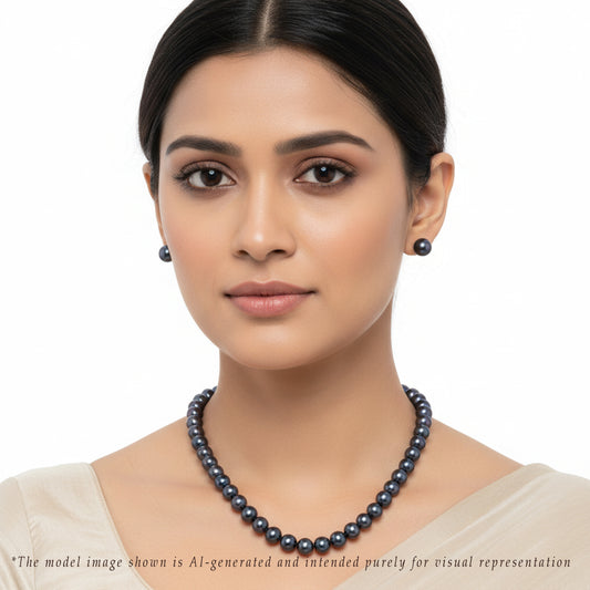 8.0-9.0mm Black Near Round Freshwater Pearl Necklace Set - AA Quality