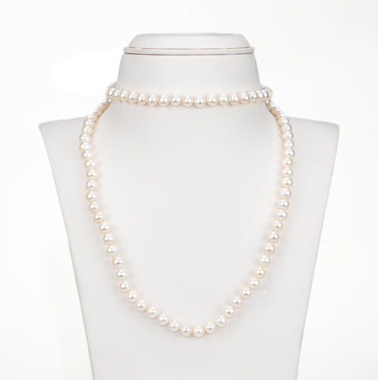 6.0-0.7mm White Near Round Opera Freshwater Pearl Necklace Set - AA Quality