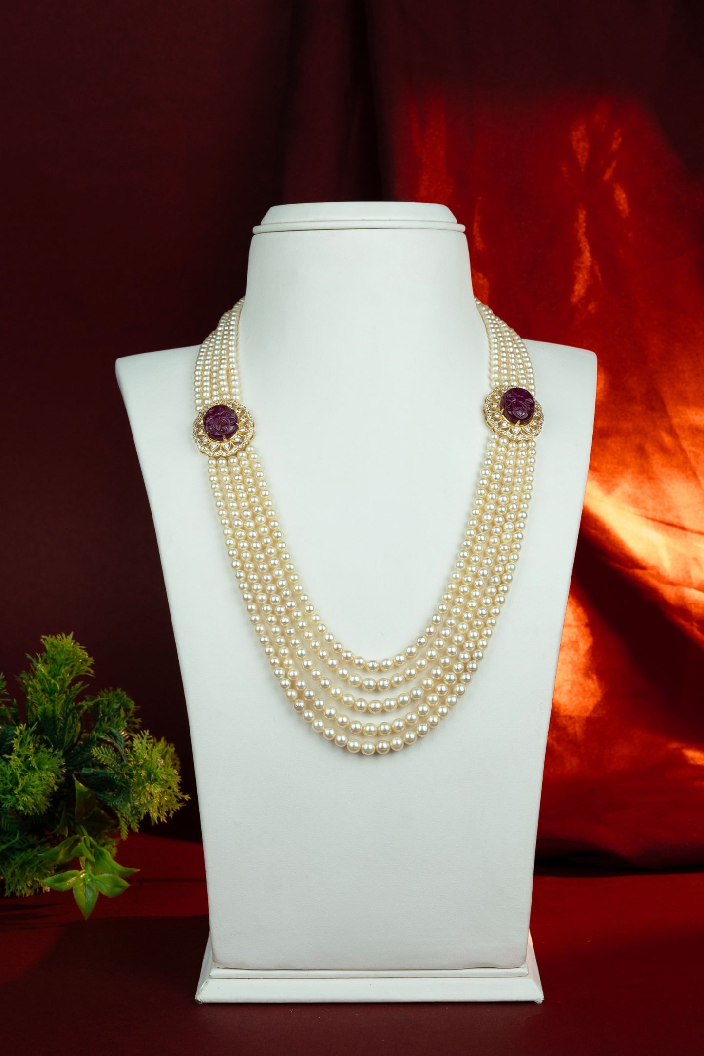 Antique Ruby Pearl Bridal Side Piece Necklace