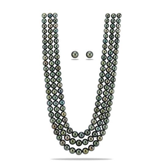 8.0-11.5mm Grading Black Round Tahitian Saltwater Pearl Necklace Set-AAA Quality