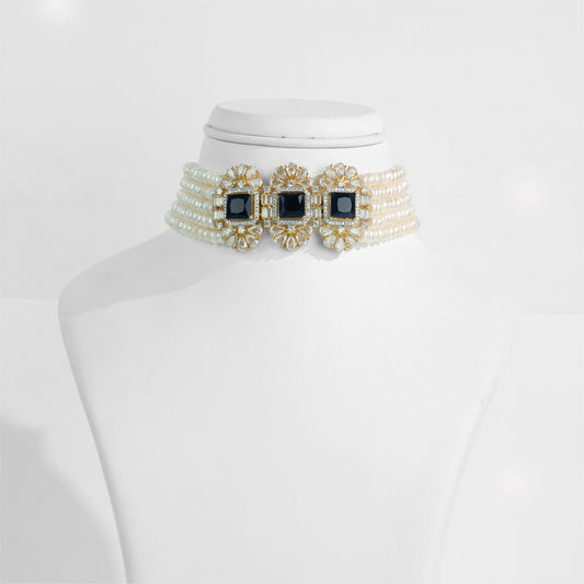 Designer Dark Blue Stone Freshwater Pearl Choker Set