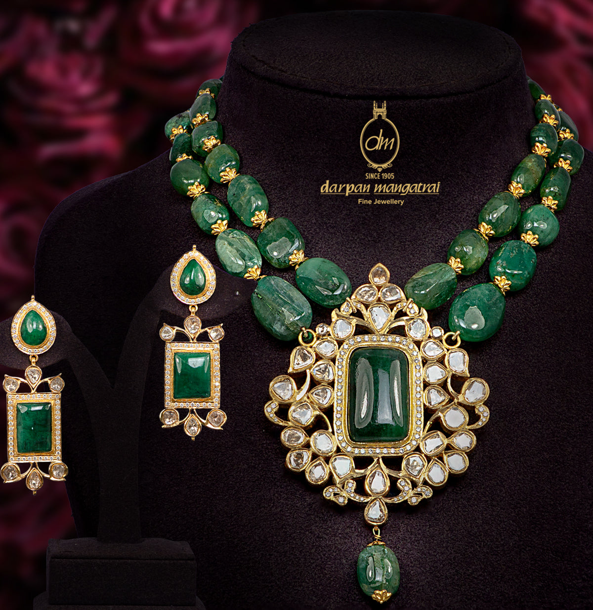 Dainty Polki with Emerald Necklace Set