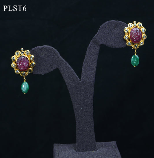 Skilfully Carved Ruby, Polki, Emerald and Pearl Gold Necklace and Earring Set
