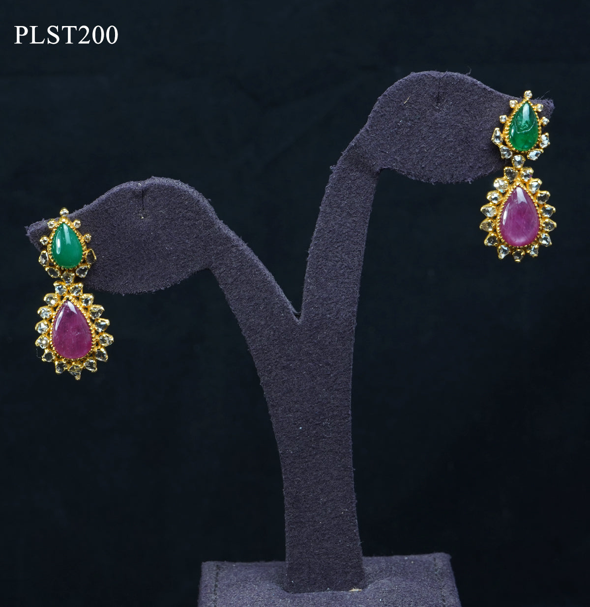 Pear Shaped Polki, Emerald, Ruby and Tourmaline Gold Necklace and Earring Set