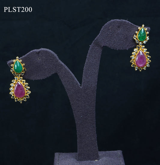 Pear Shaped Polki, Emerald, Ruby and Tourmaline Gold Necklace and Earring Set