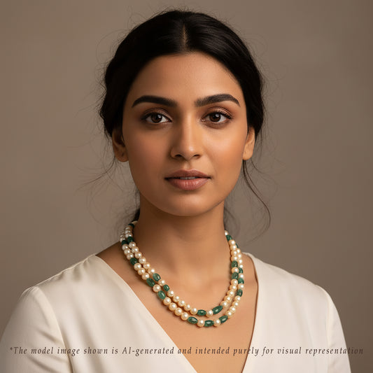 Natural Emerald Beads and 7.0-8.0mm Golden Akoya Saltwater Pearls Necklace Set - A Quality