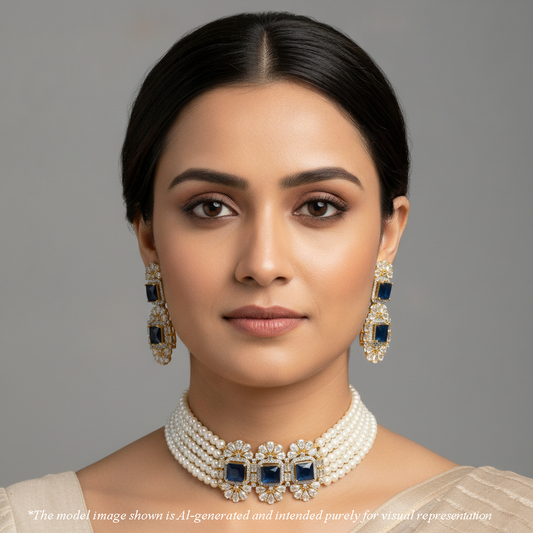 Designer Dark Blue Stone Freshwater Pearl Choker Set