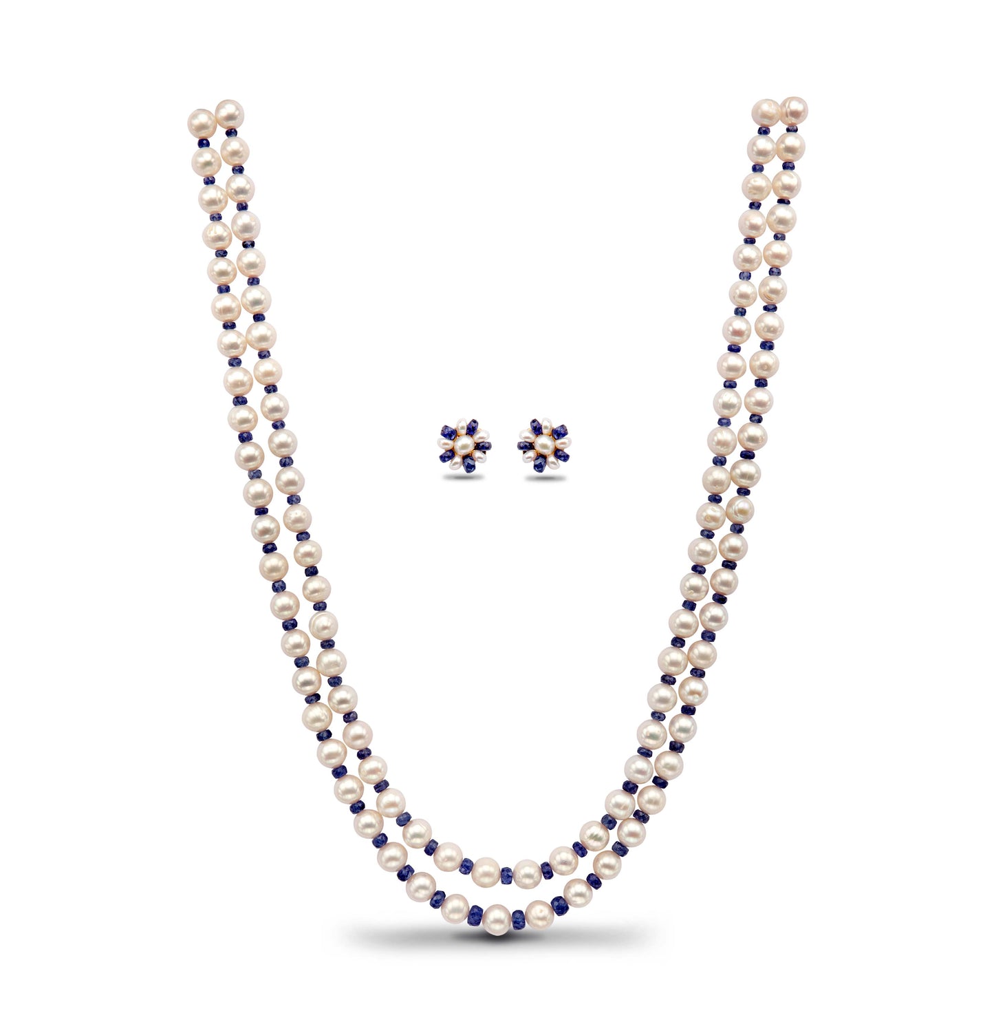 Natural Blue Sapphire And 6.0-7.0mm Near Round Freshwater Pearl Necklace Set - AA Quality