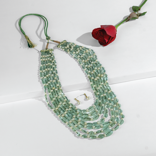 Natural Green Emerald  And 0.5-0.6mm Cream Round Saltwater Akoya Pearls Necklace Set - AA  Quality