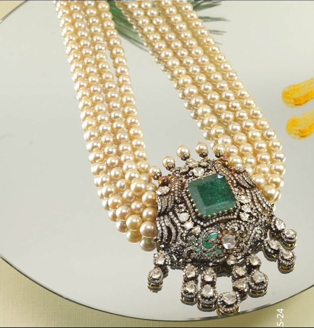 Designer Polki, Pearl and Emerald Necklace