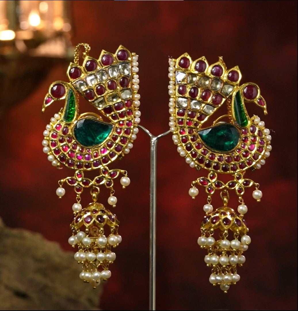 Peacock  Gold Jhumka Kundan Earrings