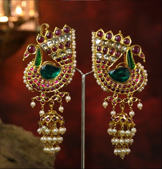 Peacock  Gold Jhumka Kundan Earrings