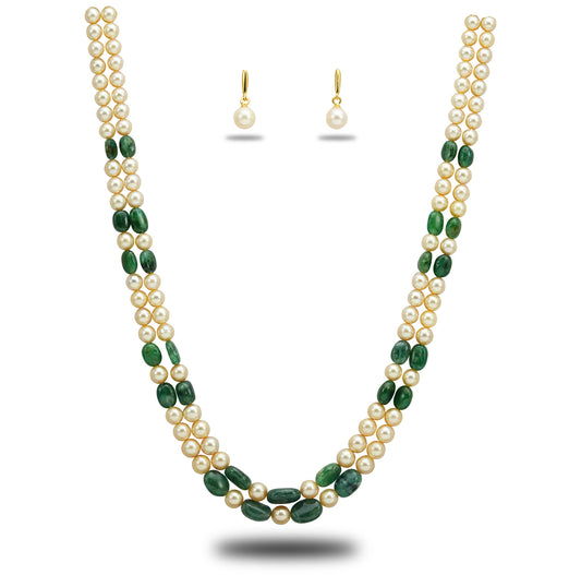 Natural Emerald Beads and 7.0-8.0mm Golden Akoya Saltwater Pearls Necklace Set - A Quality