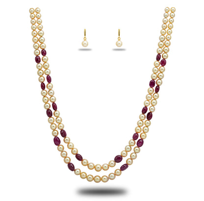 Natural  Ruby Beads and 7.0-8.0mm Golden Akoya Saltwater Pearls Necklace Set - AAA Quality