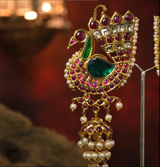 Peacock  Gold Jhumka Kundan Earrings