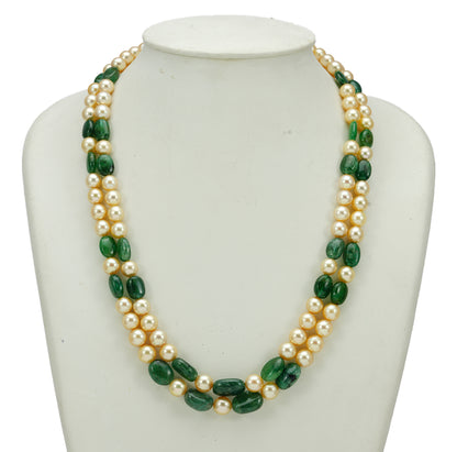 Natural Emerald Beads and 7.0-8.0mm Golden Akoya Saltwater Pearls Necklace Set - A Quality
