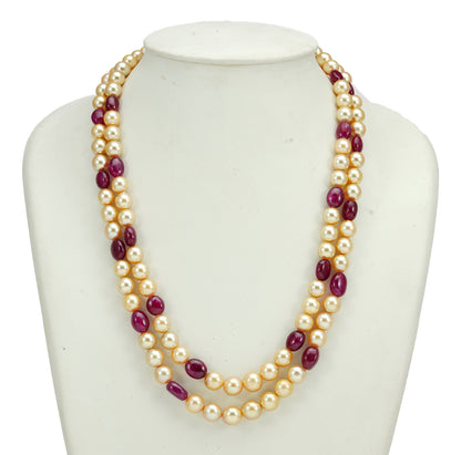 Natural  Ruby Beads and 7.0-8.0mm Golden Akoya Saltwater Pearls Necklace Set - AAA Quality