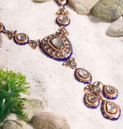 Midnight Blue Enamelled Polki Necklace and Earring Set