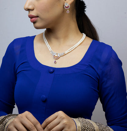 Sparkling Red Stone Freshwater Pearl Necklace Set