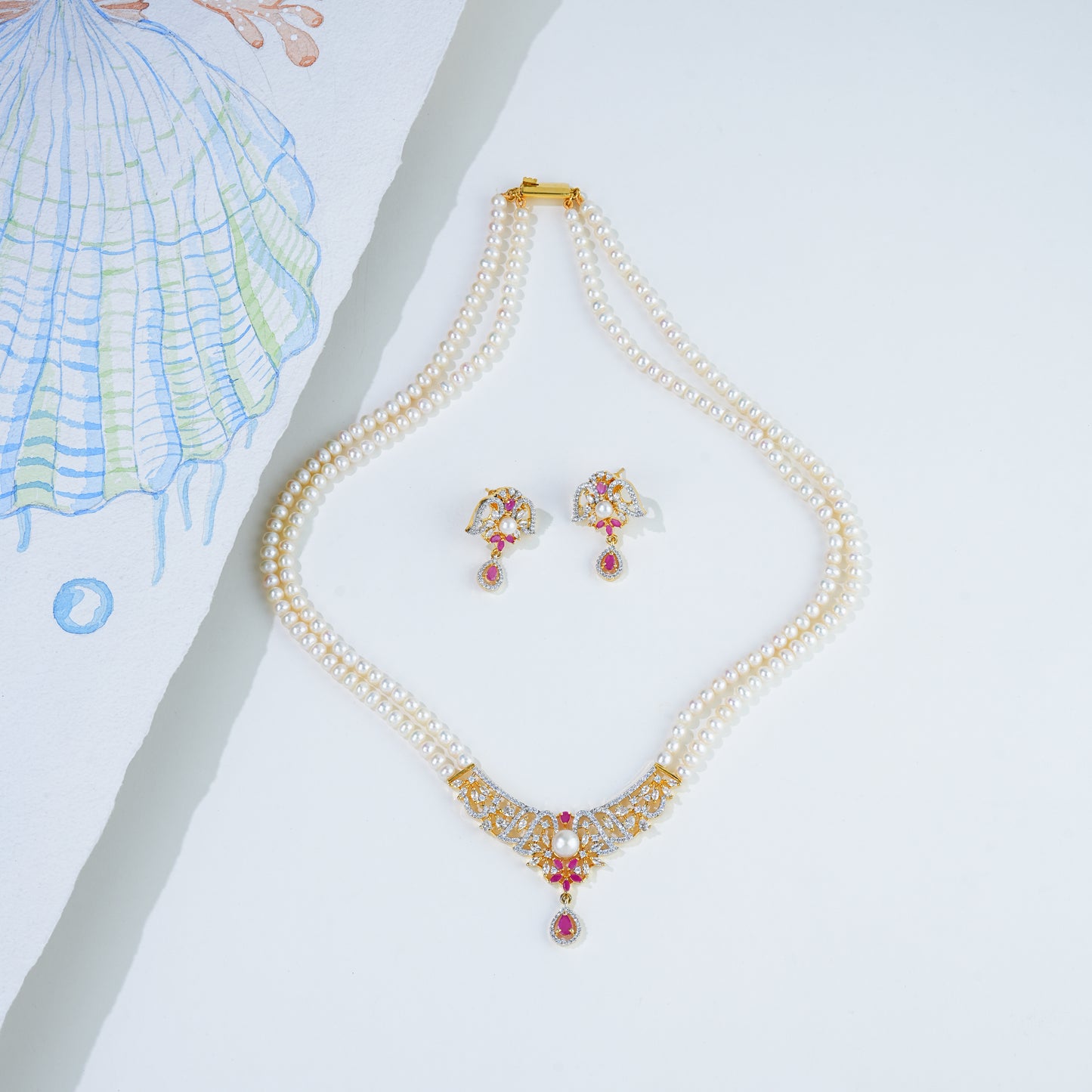 Edgy Red Stone Freshwater Pearl Necklace Set