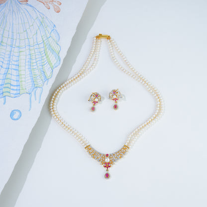 Edgy Red Stone Freshwater Pearl Necklace Set