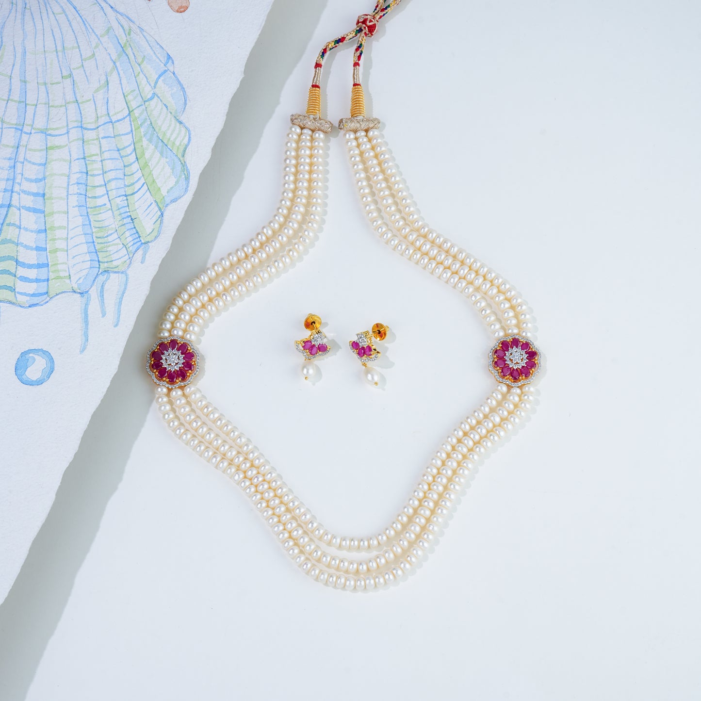 Floral Red Stone Side Pieces Freshwater Pearl Necklace Set