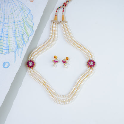 Floral Red Stone Side Pieces Freshwater Pearl Necklace Set