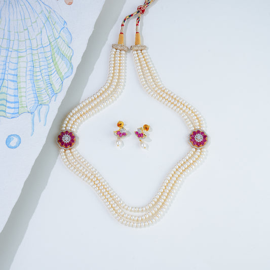 Floral Red Stone Side Pieces Freshwater Pearl Necklace Set