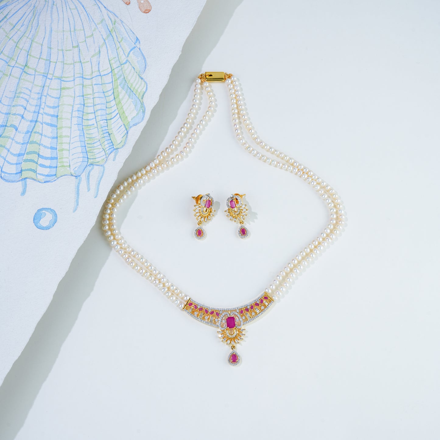 Designer Red Stone Freshwater Pearl Necklace Set