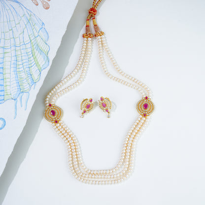 Gorgeous Red Stone Side Piece Freshwater Pearl Necklace Set