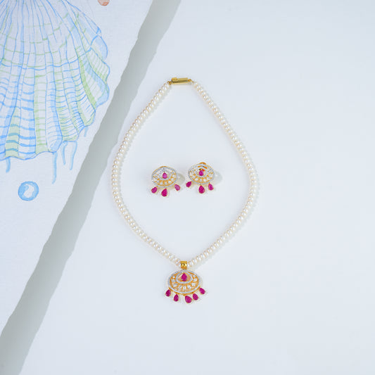 Majestic Red Stone Freshwater Pearl Necklace Set