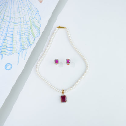 Exciting Red Stone Freshwater Pearls Necklace Set