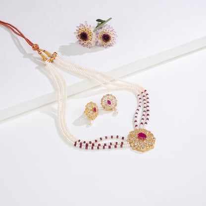 Natural Ruby With Button Freshwater Pearl Necklace Set