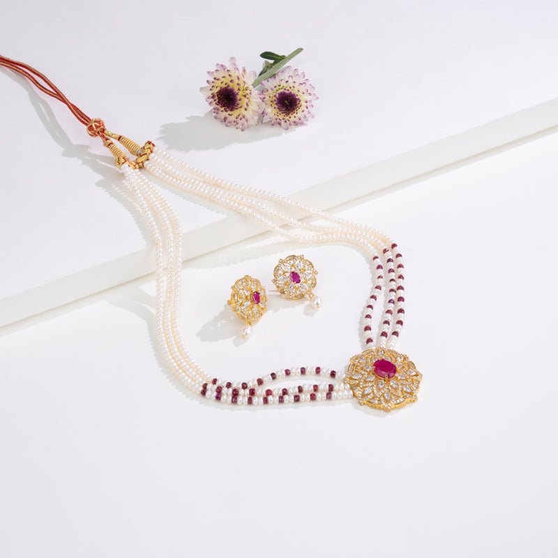 Natural Ruby With Button Freshwater Pearl Necklace Set